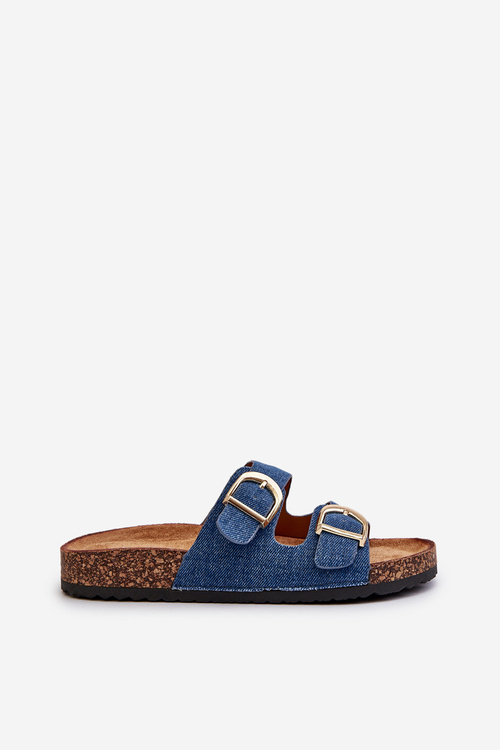 Жіночі джинсові сабо на корковій платформі з темно-синіми лямками Doretta