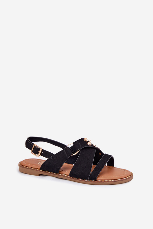 Сандалі Жіночі На Плоскому Каблуку З Золотими Шипами Чорні Zanira