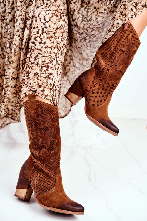 Жіночі чоботи на високому каблуці шкіряні коньячного кольору High Rosemary