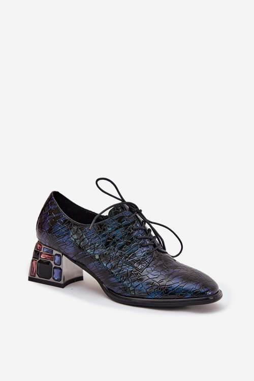 Шкіряні лаковані жіночі туфлі на каблуку з кришталями Artiker 55C0428 Темно-синій