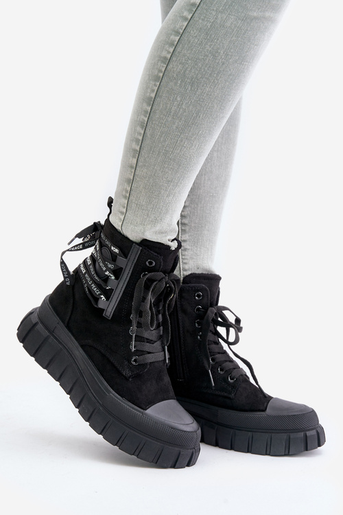 Чоботи жіночі на платформі з декоративною шнурівкою Чорні Edidda