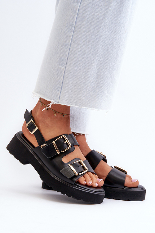 Жіночі босоніжки з пряжками з еко шкіри Konanttia чорного кольору