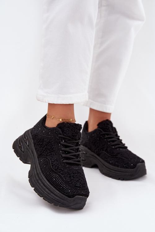 Кросівки Жіночі З Цирконіями І Овечою Шкірою Чорні Zarika