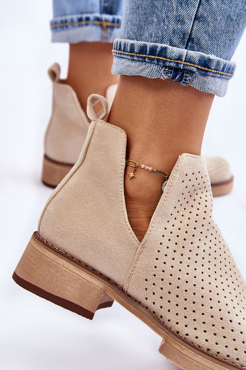 Замшеві ажурні чоботи на плоскій підошві бежеві Angie