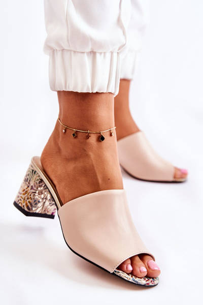 Шкіряні жіночі тапочки на високому каблуці квіти Бежеві Nessita