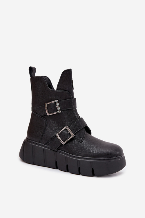 Шкіряні Теплі Жіночі Чоботи На Платформі З Пряжками Vinceza 66842 Чорні