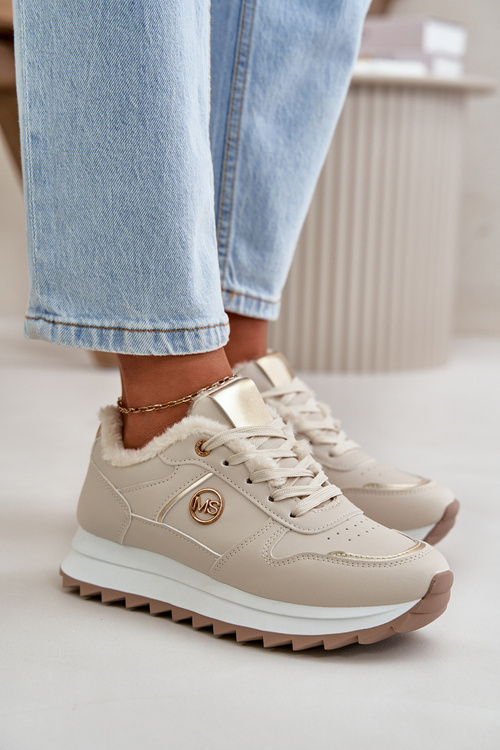 Жіноче спортивне взуття утеплене хутром на платформі світло-бежевий Lerisas