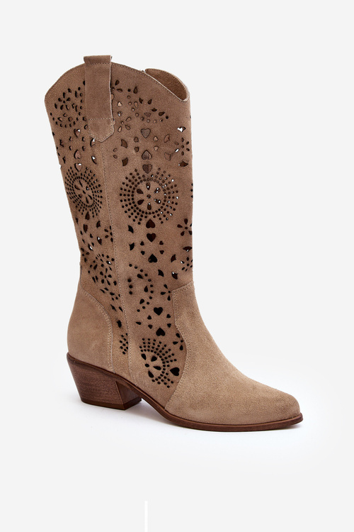 Світло-бежеві замшеві чоботи Zazoo 3396 з вирізом до середини ікри