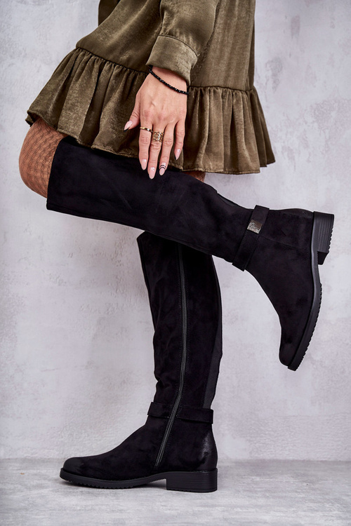 Жіночі замшеві чоботи на плоскій підошві Чорні Henrike