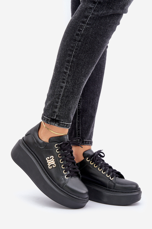 Кросівки З Природної Шкіри На Платформі Золота Декорація Левський 3428 Чорні