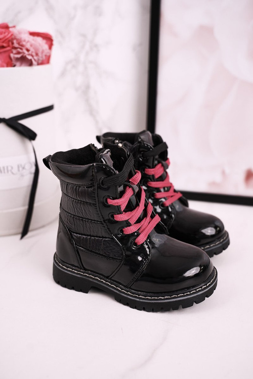 Дитячі утеплені черевики з стьобаним лаком Black Pinkie