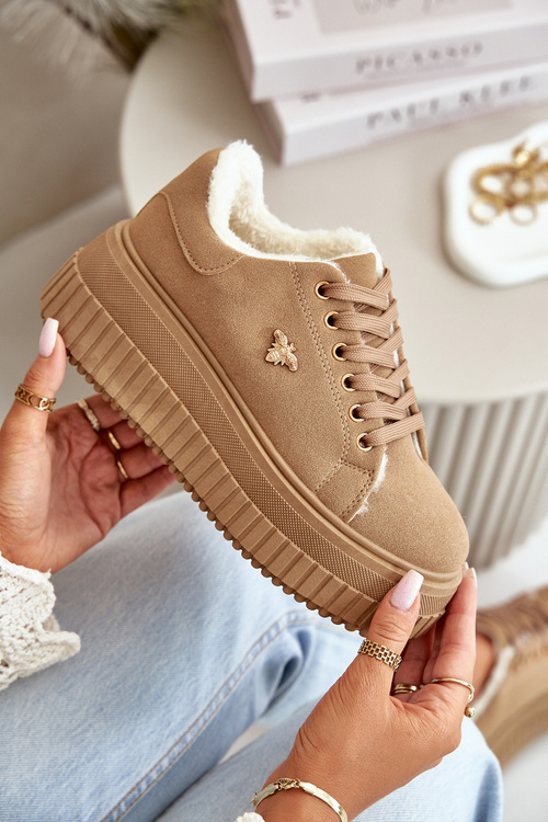 Жіночі утеплені кросівки на масивній підошві із золотистими деталями коричневого кольору Lotira