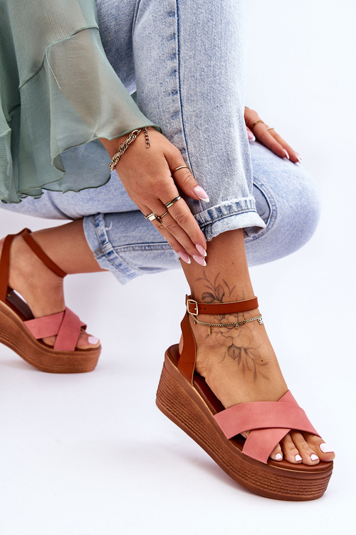 Жіночі зручні босоніжки на танкетці Коричнево-рожеві Laurie