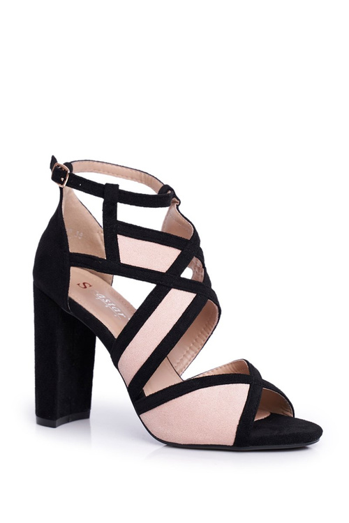 Замшеві босоніжки на шпильці чорно-рожеві Emolly