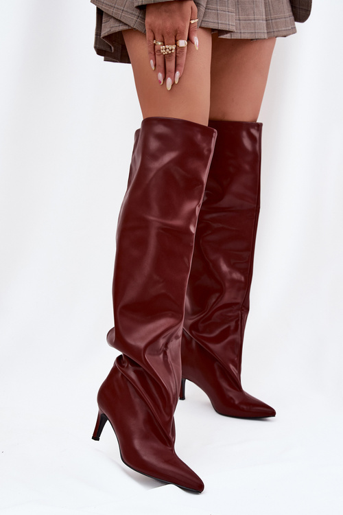 Жіночі чоботи на підборах без застібки бордові Mavilla