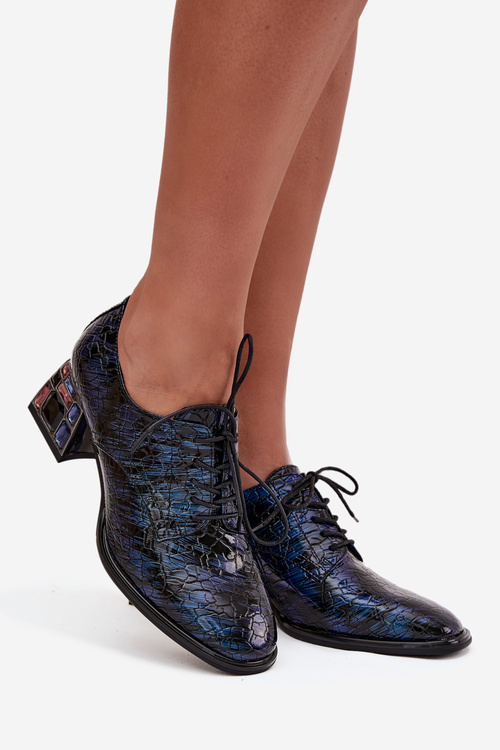 Шкіряні лаковані жіночі туфлі на каблуку з кришталями Artiker 55C0428 Темно-синій