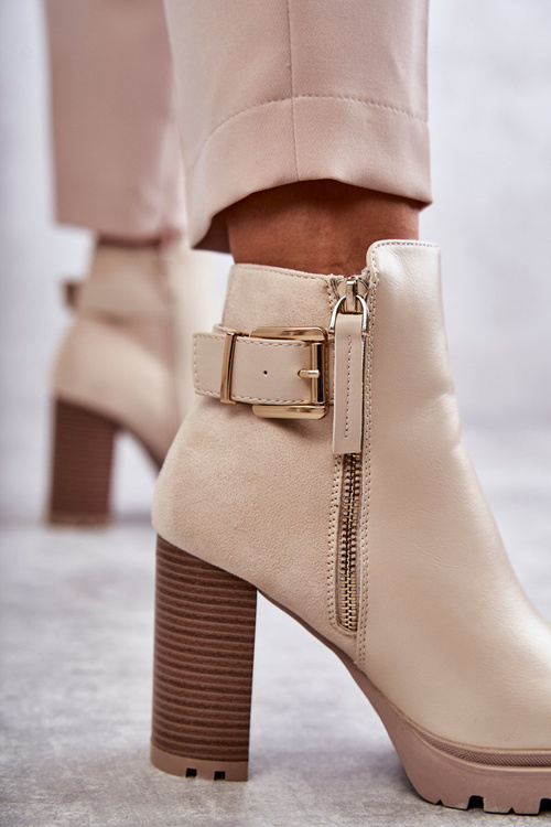 Шкіряні чоботи на високих підборах з декоративною блискавкою Бежеві Rosita