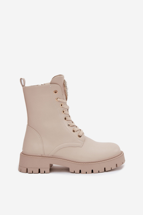 Жіночі робочі ботинки з кришталиками на язичку світло бежеві Rosira