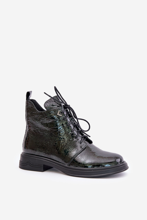 Шкіряні лаковані ботильйони жіночі утеплені на блискавку D&A LZ42-042 Темно-зелений