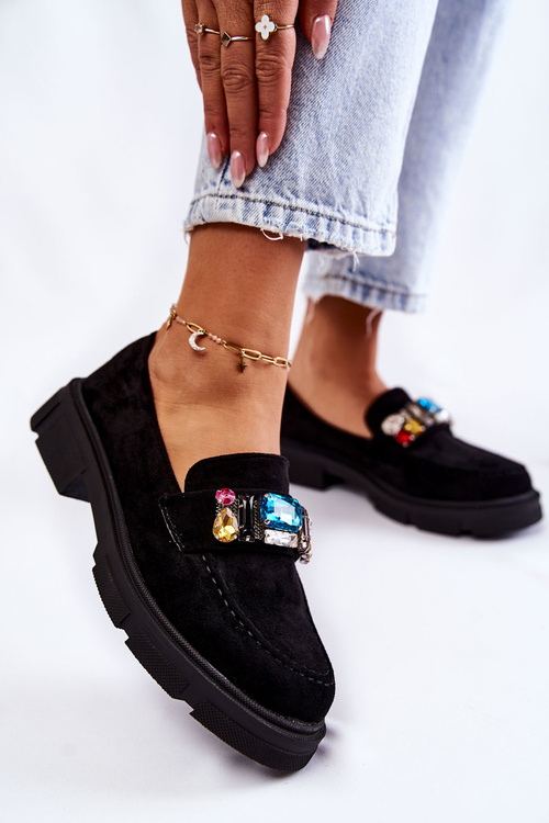 Жіночі замшеві лофери з декором чорні Karlott