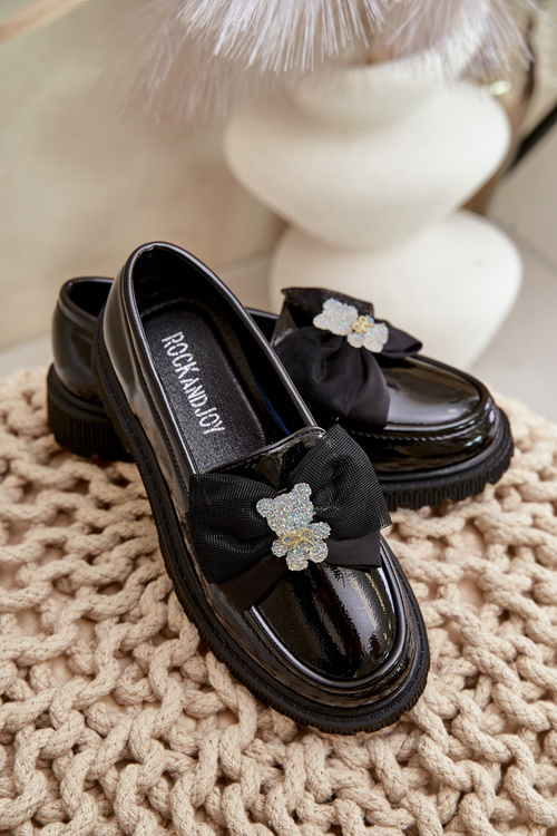 Глянцеві мокасини для дівчат з бантом з екошкіри Avallesa чорного кольору