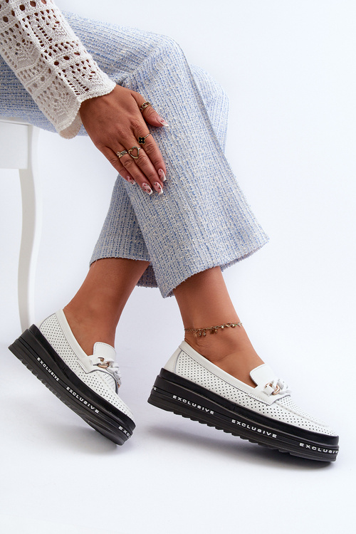 Жіночі шкіряні лофери на платформі з ланцюжком S.Barski LR618 білі