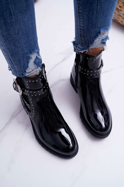 Жіночі чоботи на плоскому каблуці теплі лаковані чорні Verre