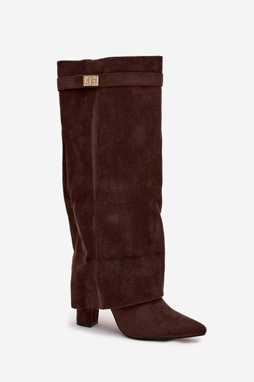 Еко Замшеві Чоботи Каблук Блок Блискавка Утеплені Загнуте Верхівка Шоколад Evyra