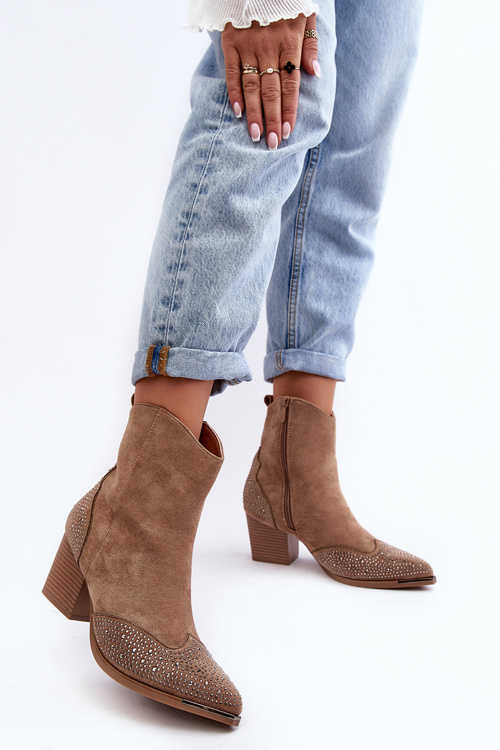 Жіночі ковбойські чоботи на каблуці з прикрасами бежеві Eleduana