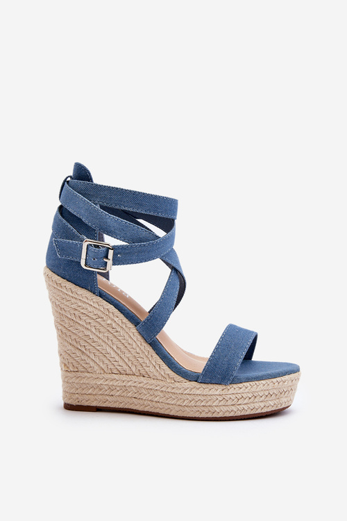 Джинсові босоніжки на танкетці з плетеними деталями синього кольору Salthe