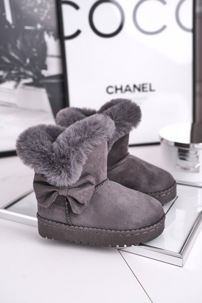 Дитячі снігові черевики з хутром і бантом сірі Vella