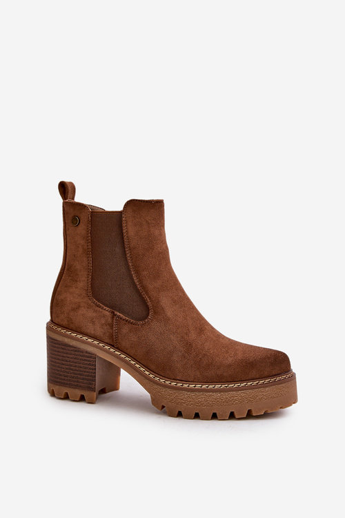 Жіночі утеплені чоботи на підборах з еко-замші коричневого кольору Irissinae