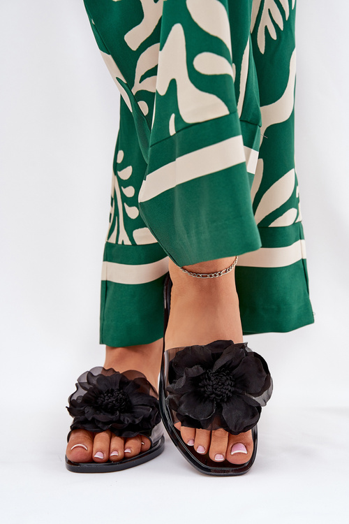 Прозорі Плоскі Жіночі Сандалі З Штучною Квіткою Чорні Vobetta