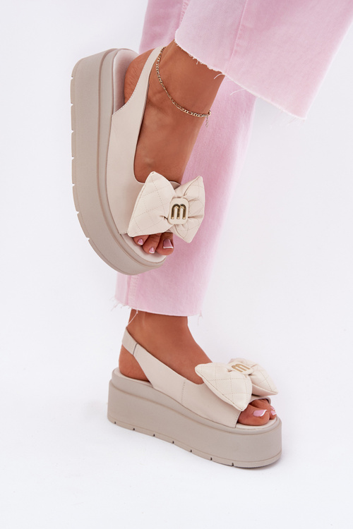 Жіночі Шкіряні Сандалі На Платформі З Бантом CheBello 4641 Бежеві