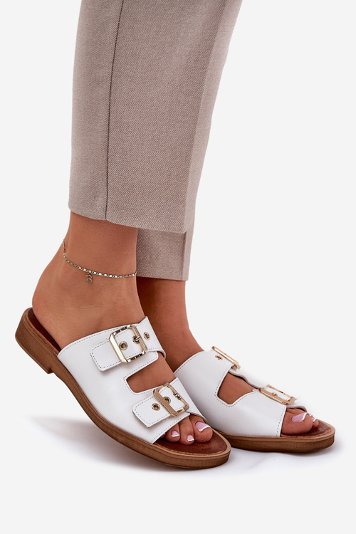 Шкіряні Плоскі Сандалі З Пряжками Білі Zazoo 3020