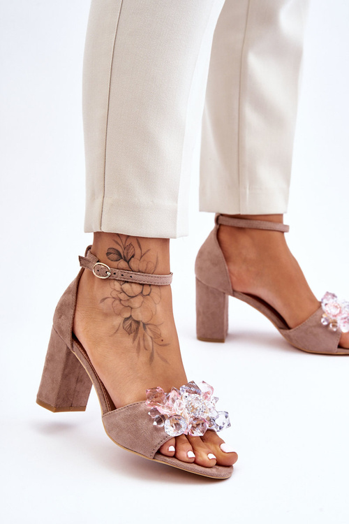 Елегантні босоніжки на високому каблуці з кристалами Темно-бежевий Cameron