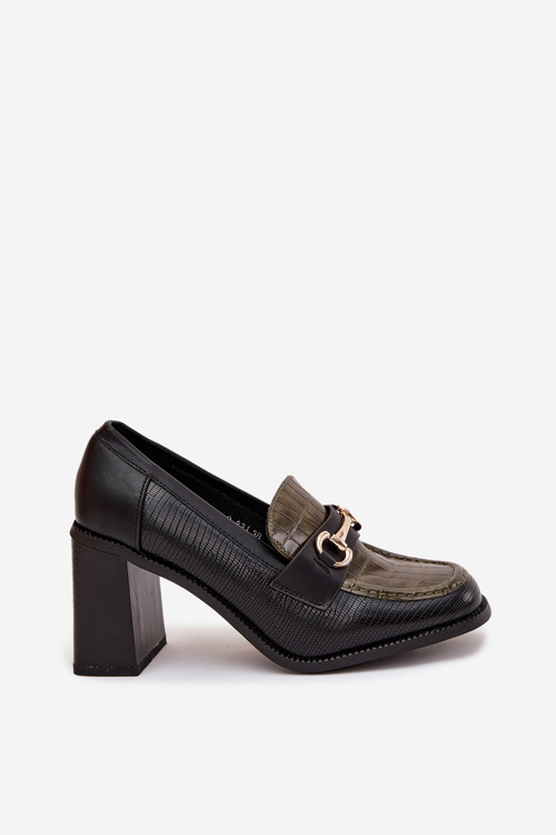 Жіночі туфлі на низькому каблуці з тисненням і золотим деталем Зелено-чорні Novella