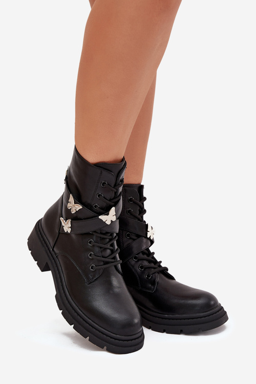 Ізольовані робочі черевики з ременем і срібними пряжками Чорні Kaelina