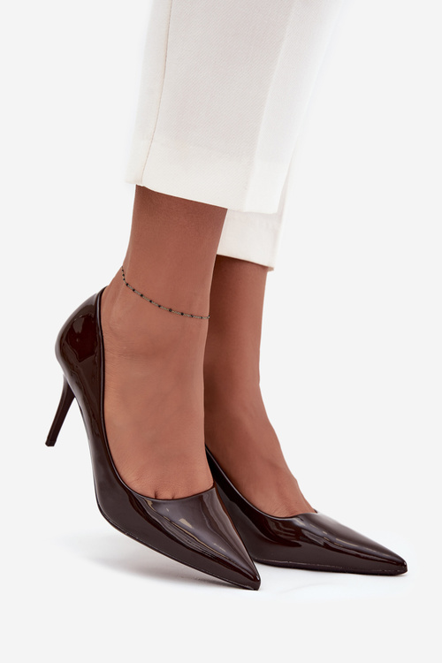 Лаковані Еко Шкіряні Жіночі Туфлі На Каблуках З Острими Носами Шоколадні Jadira