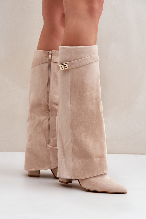 Жіночі Чоботи На Каблуку До Коліна Світло Бежеві Portora