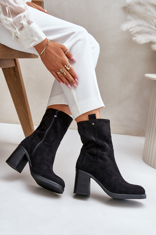 Жіночі утеплені ботильйони на підборах з еко-замші чорні Vellinga