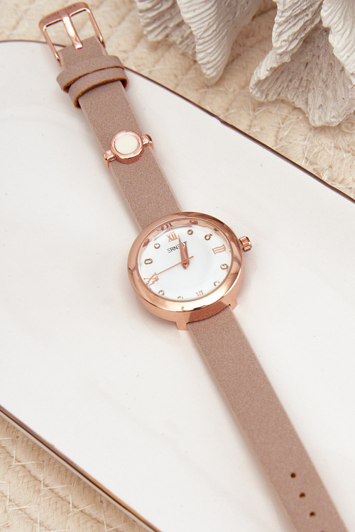 Жіночий годинник з тонким ремінцем з еко шкіри бежевий Ernest E62146