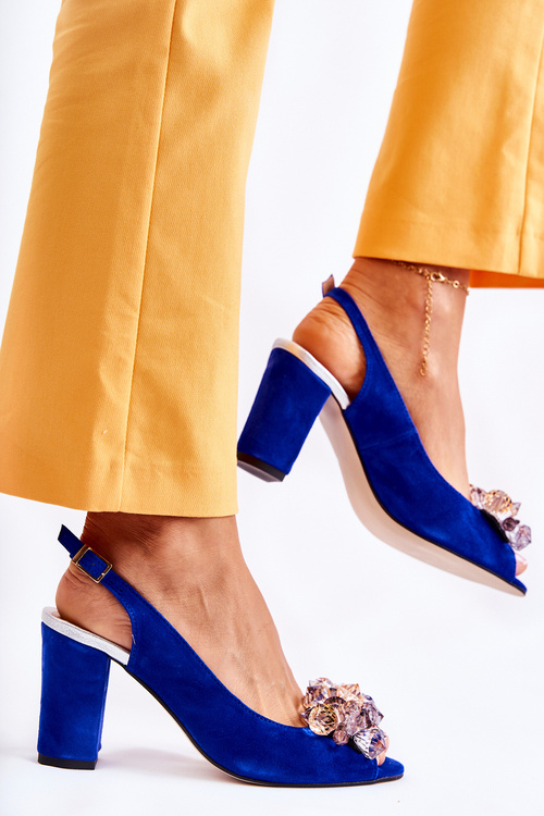 Модні замшеві босоніжки-човники з кристалами темно-синього кольору Nolissa