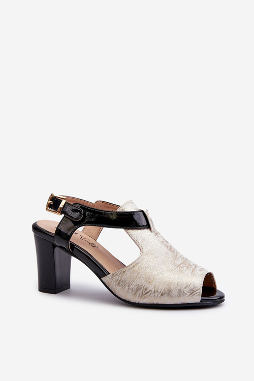 Жіночі босоніжки на каблуці з екошкіри золото-чорного кольору Queenmarie