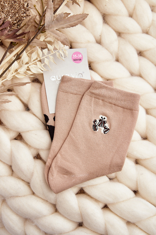 Жіночі бавовняні шкарпетки з нашивкою ведмедика бежеві