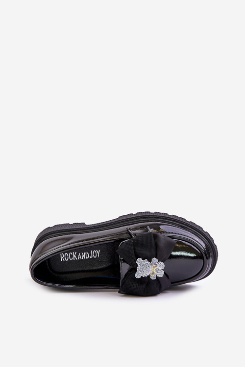 Глянцеві мокасини для дівчат з бантом з екошкіри Avallesa чорного кольору