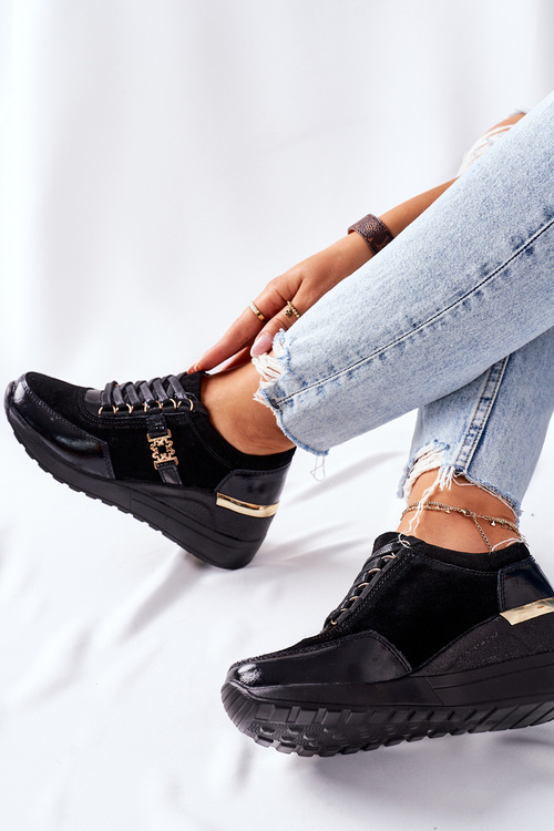 Жіночі шкіряні кросівки на танкетці чорні Montessori