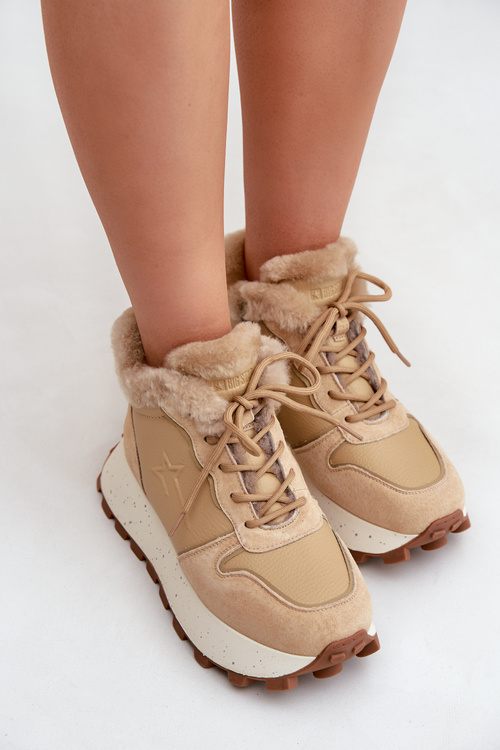 Шкіряні Кросівки Чоботи Для Жінок З Пухом На Платформі Big Star OO274A330 Бежеві
