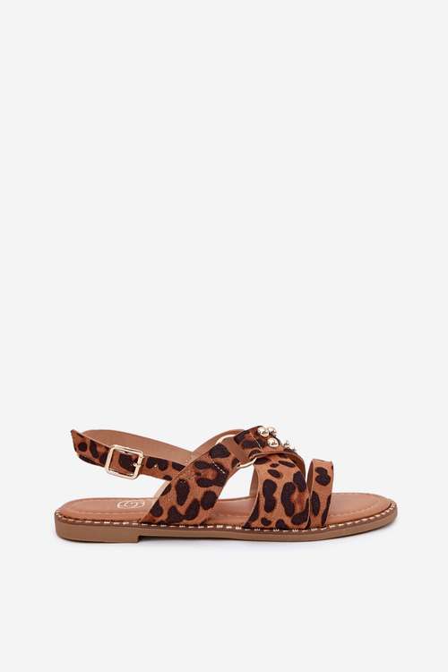 Жіночі сандалі на плоскому каблуці з золотими цвяхами леопардовий принт Zanira