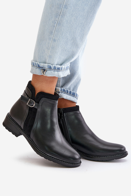 Теплі жіночі ботильйони на низькому ходу та блискавці з екошкіри Taitha чорного кольору